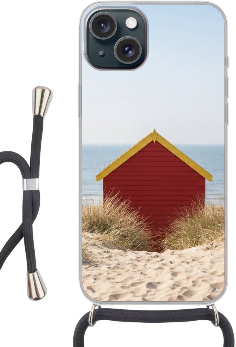 Telefoonhoesje Geschikt voor iPhone 15 - Strand - Huisjes - Kleurrijk - Duinen - Siliconen - Crossbody - Backcover met Koord - Telefoonhoesje met koord - Hoesje met touw Telefoonhoesje