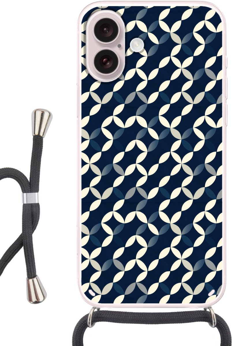 Telefoonhoesje Geschikt voor iPhone 16 - Abstract - Patroon - Blauw - Siliconen - Crossbody - Backcover met Koord - Telefoonhoesje met koord - Hoesje met touw Telefoonhoesje