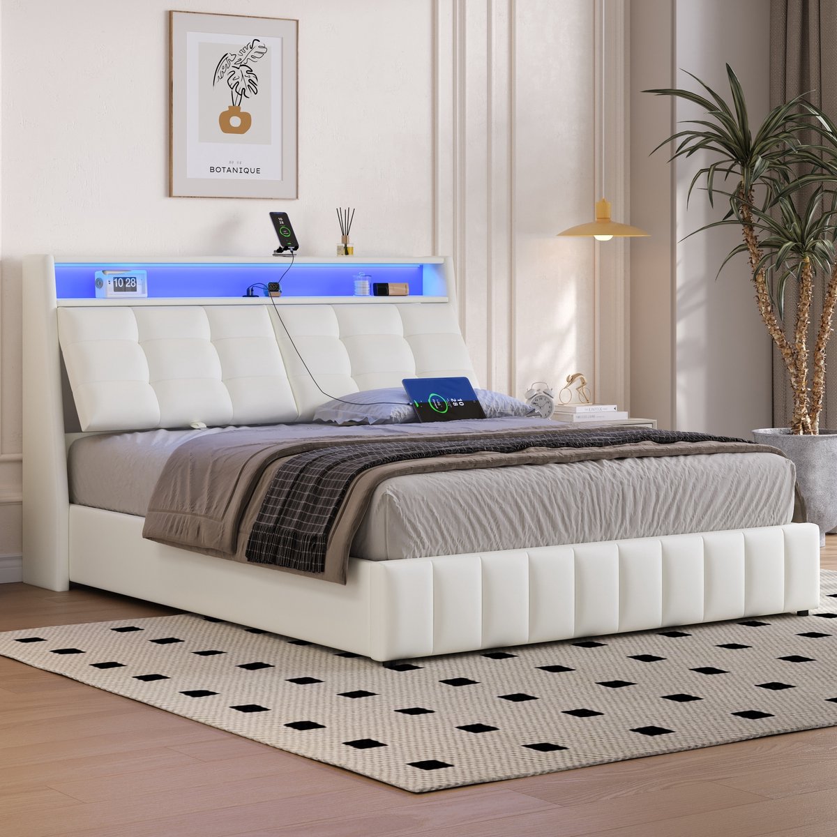 Merax 160 x 200 cm gestoffeerd bed met LED-verlichting en USB - met opbergruimte - verstelbare hoofdsteun - wit - zonder matras