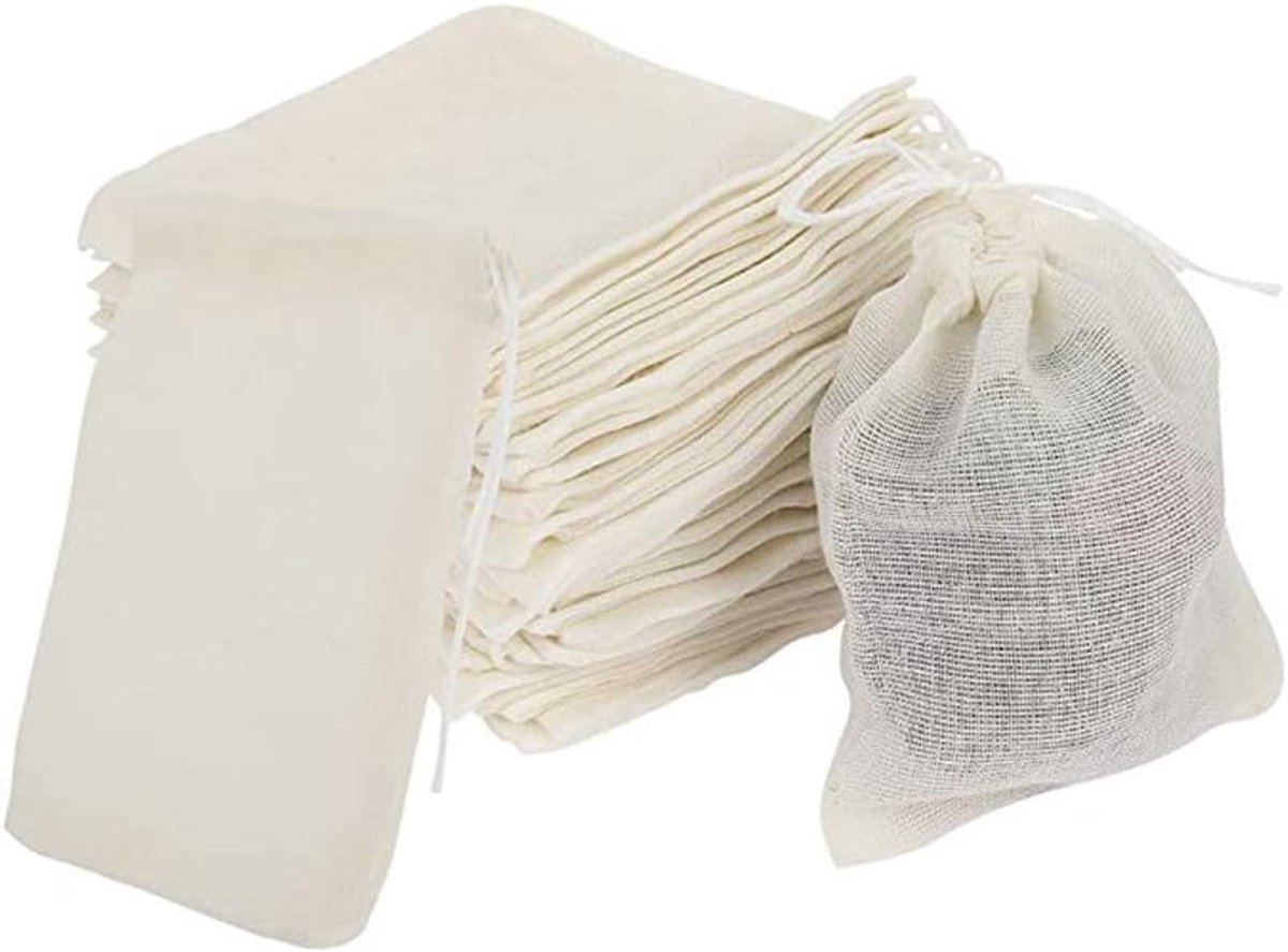 50pcs Katoenen Tassen - 8x10cm - Klein - 100% Katoen - Herbruikbare Mesh Tassen - Thee - Koffiefilter - Specerijen - Opslag - Ambachten - Zeepnoten - Cadeautassen