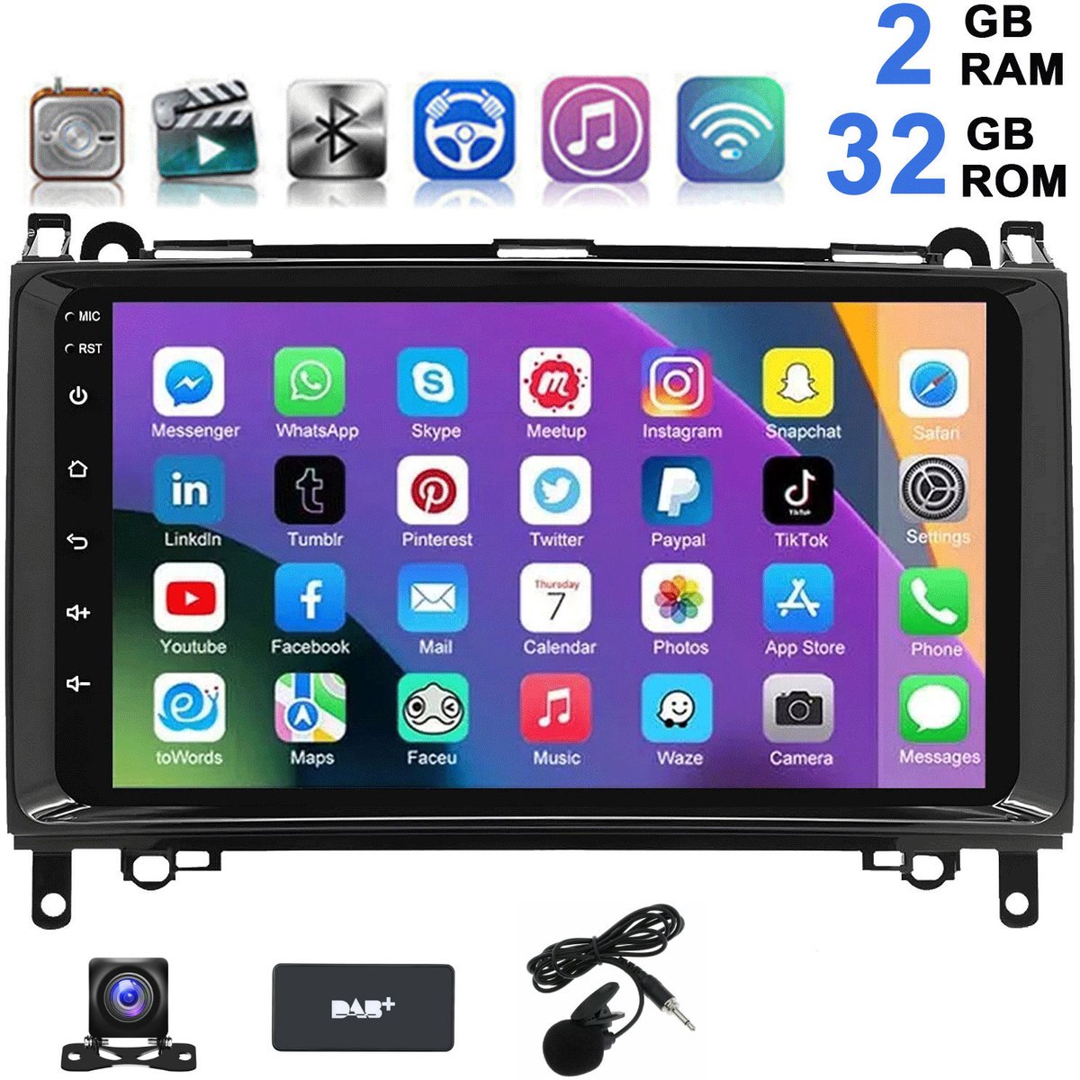 ESSGOO Autoradio - Geschikt voor Mercedes-Benz W169 W245 Sprinter W906 - Draadloze CarPlay & Andriod Auto - Android 15 2 + 32G - Bluetooth & Wifi FM RDS GPS-Navigatiesystem - AHD Achteruitrijcamera - DAB+ - Microfoon