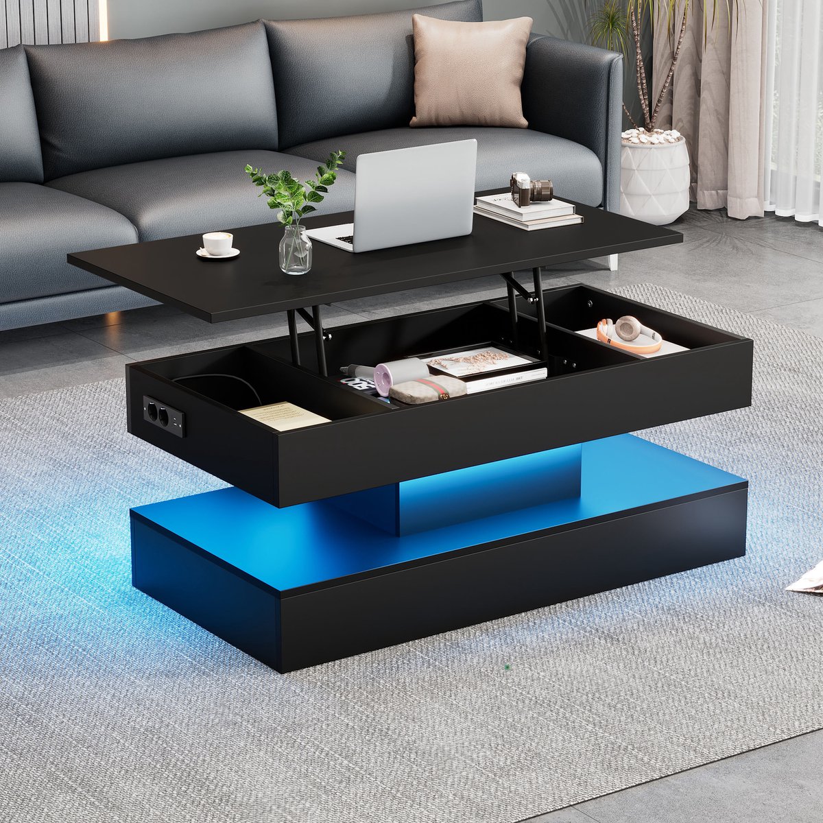 MIVRAY Salontafel - In Hoogte Verstelbaar Met Led En Opbergruimte - Voor Woonkamer - Spaanplaat - 100x50x42 Cm - Zwart