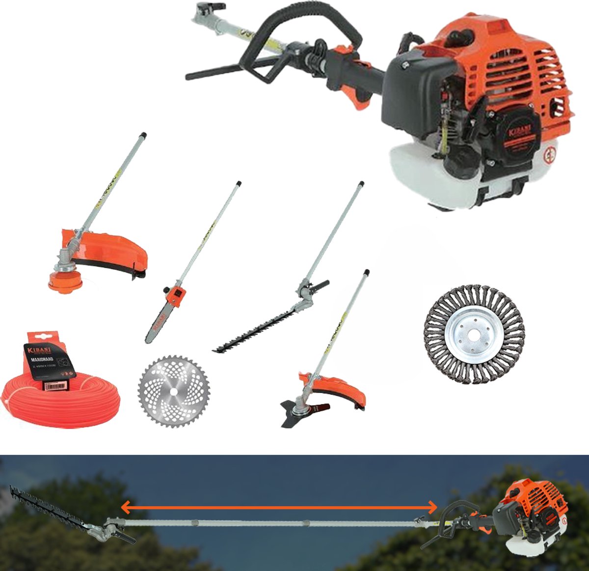 Bol.com Kibani 6-in-1 Multitool XXL - Werkhoogte 5 meter - 52 cc / 1.9 PK 2-takt Benzine Motor - Heggenschaar, Kettingzaag, Gras... aanbieding