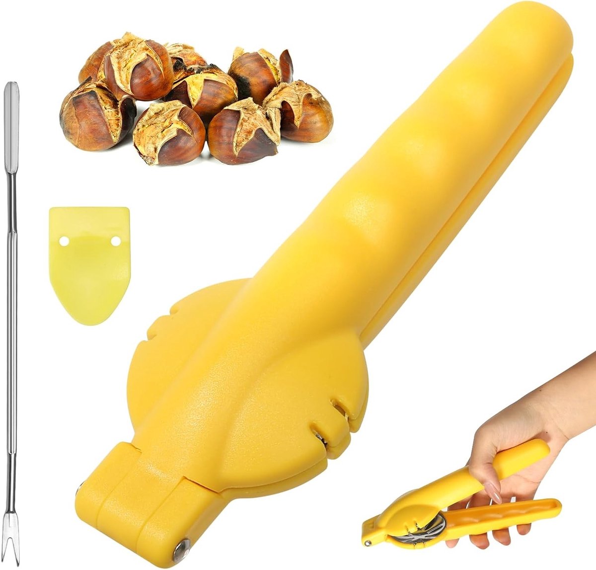 Kastanjeknijper met RVS Vork, Kastanjeopener voor Noten, Ideaal voor Walnoten en Hazelnoten, Geel Design