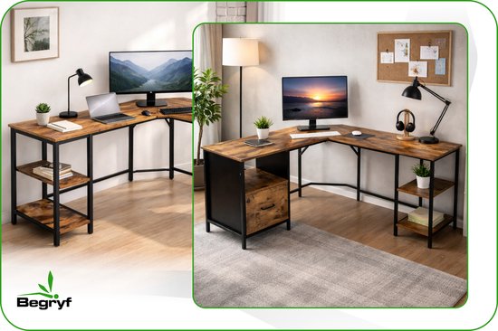 Twee L-vormige bureaus met roodbruin houtlook blad, lade en planken in een woonkamer en kantooropstelling.