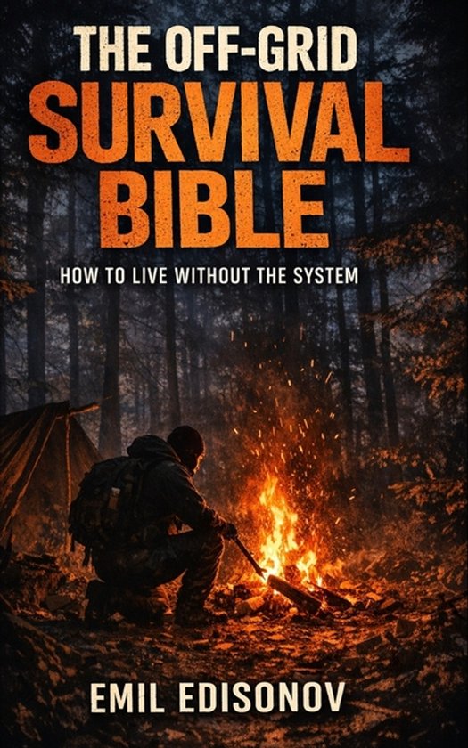 Couverture du livre 'The Off-Grid Survival Bible' par Emil Edisonov, montrant un homme près d'un feu de camp dans une forêt.