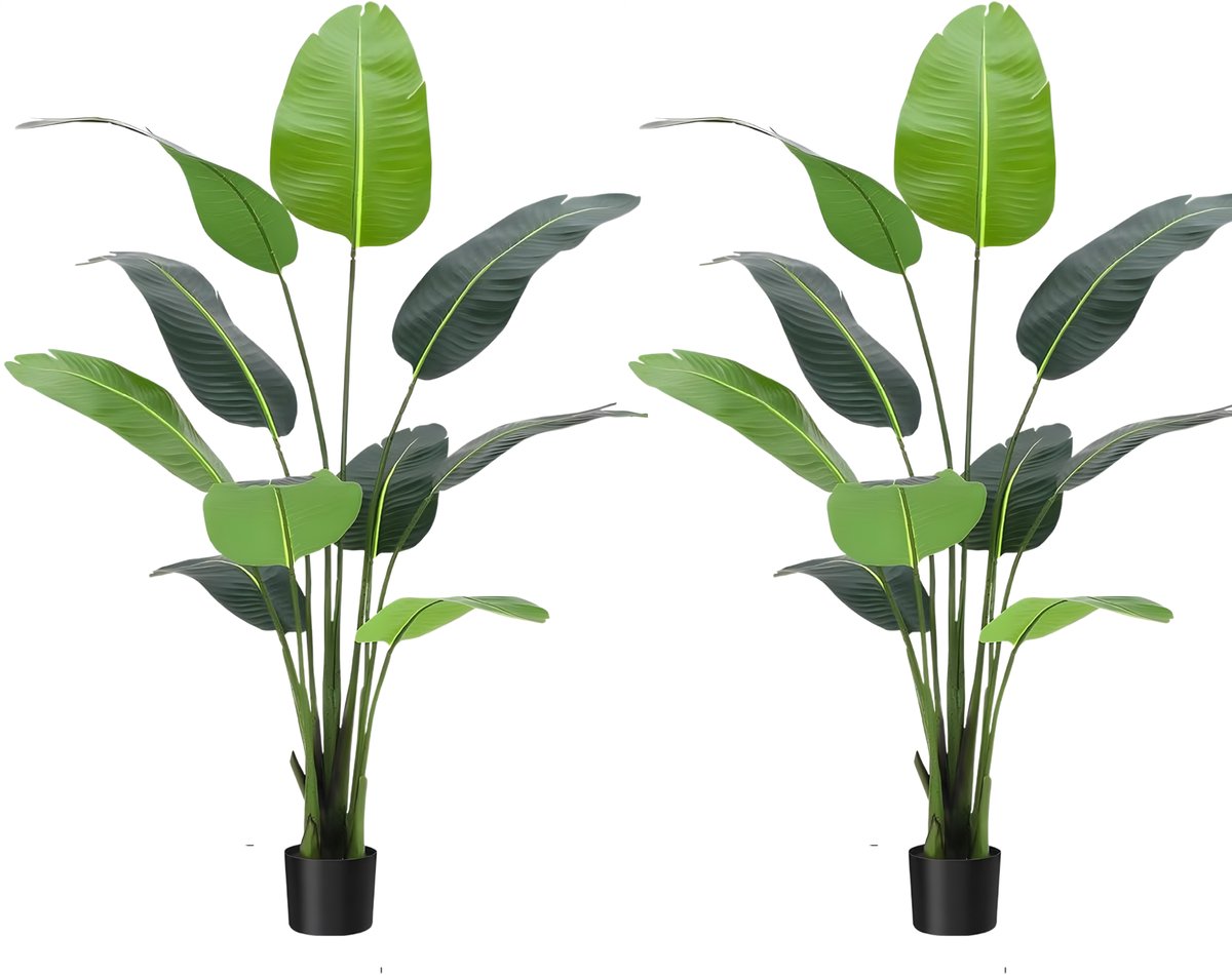 Happiq Kunstmatige Paradijsvogel Boom - Voor Thuis, Binnen, Buiten & Kantoor - Tropische Faux Bananenblad Plant - 2 Stuks, 120 cm, In Pot Groen