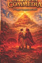Boekomslag van "La Divina Commedia", met de tekst "Il Viaggio Completo nell'Aldilà". Twee mannen in toga staan voor een vurige berg en een ingestorte brug. Inferno, Purgatorio, Paradiso.