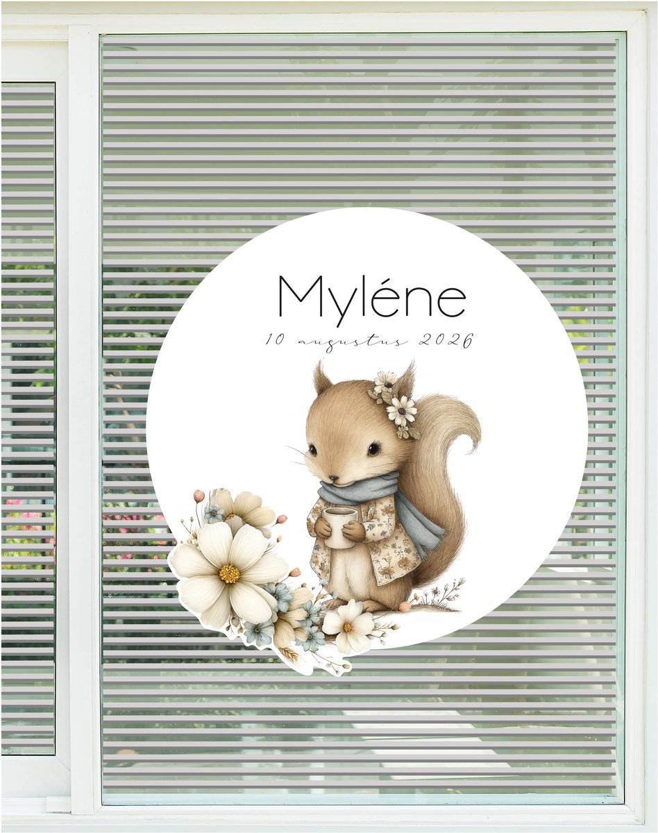 StudioJitske raamsticker 80cm raambord geboortebord eekhoorn met bloemen ter geboorte aankondiging