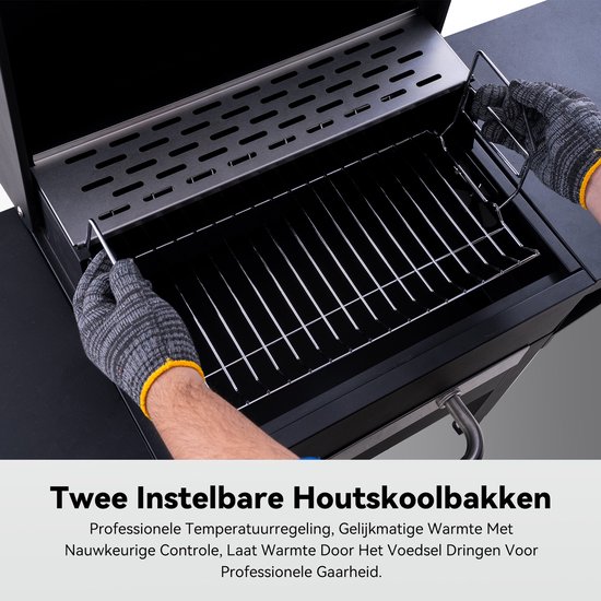 HOMAVO Houtskoolbarbecue, Barbecue met Deksel, Grilloppervlak: 45×32 cm, 2-standig in hoogte verstelbare kolenbak, Bijzettafel, Thermometer van Merkloos — afbeelding 3