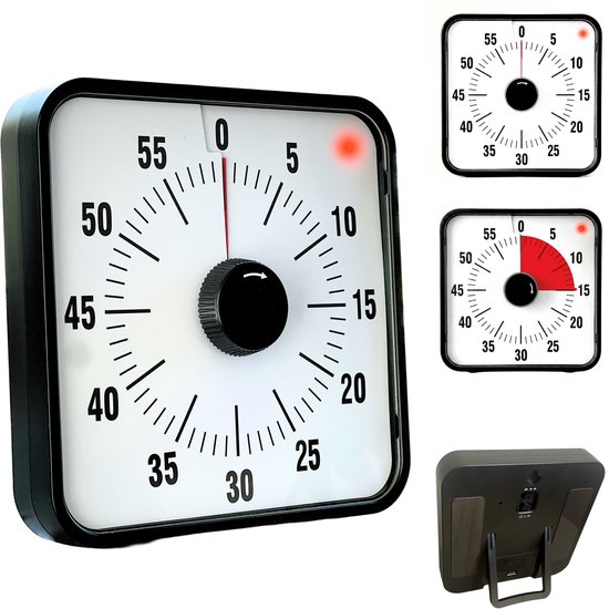 Vierkante witte timer met zwarte rand, zwarte knop en rode indicator. Klok met cijfers en streepjes.