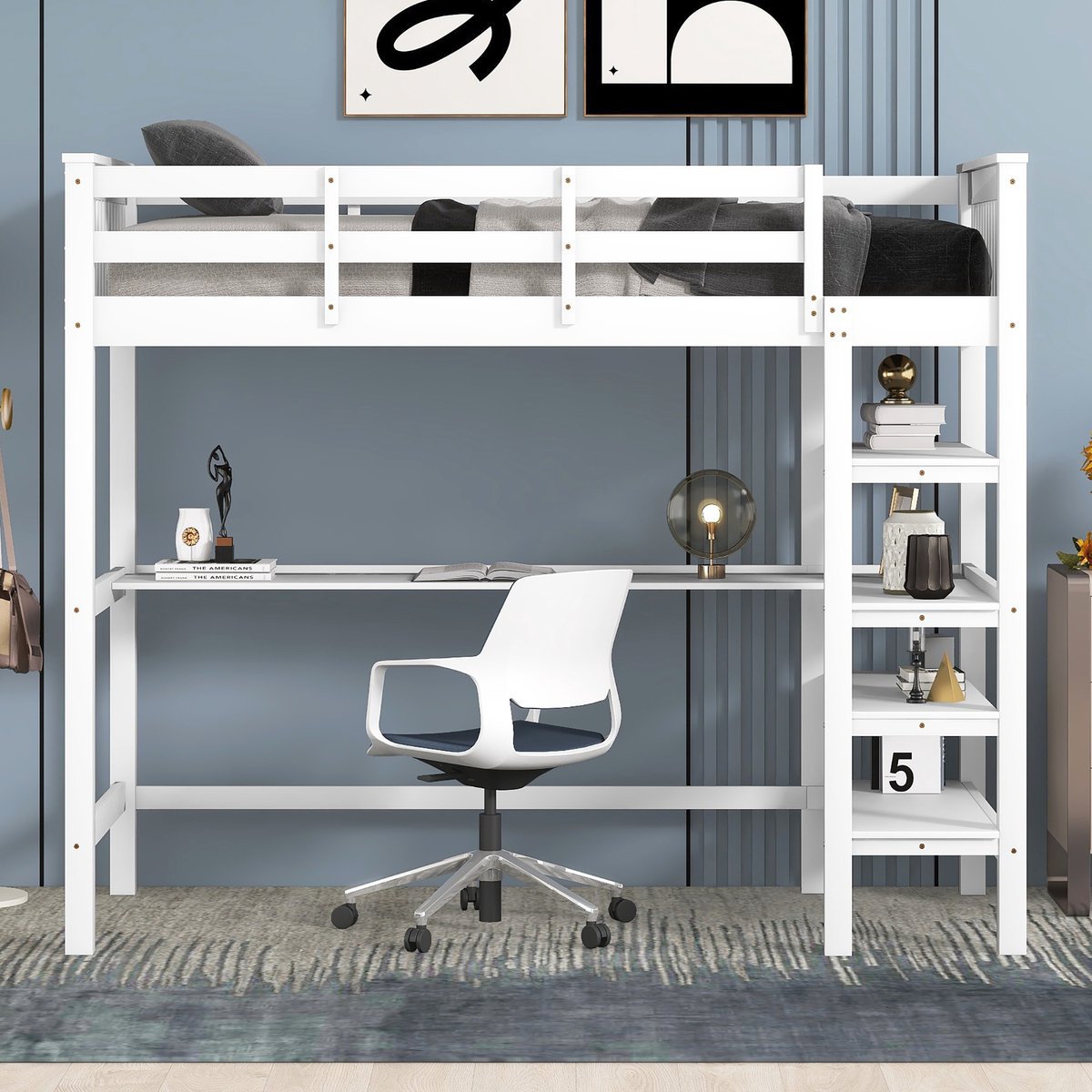 Wishdor Hoogslaper 90x200 cm – Met Bureau & Opbergvakken – Wit Hout – Minimalistisch & EN747