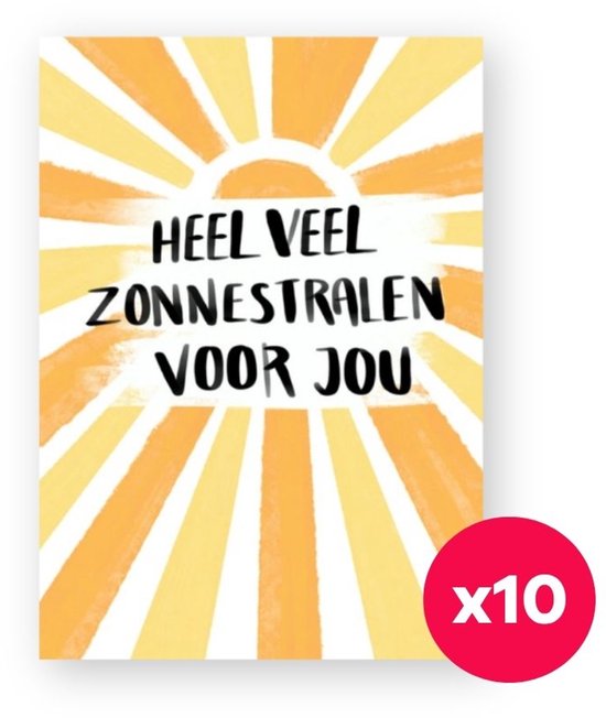 Kaart met zonnestralen in geel en oranje en de tekst "HEEL VEEL ZONNESTRALEN VOOR JOU". Incl. 10 stuks.