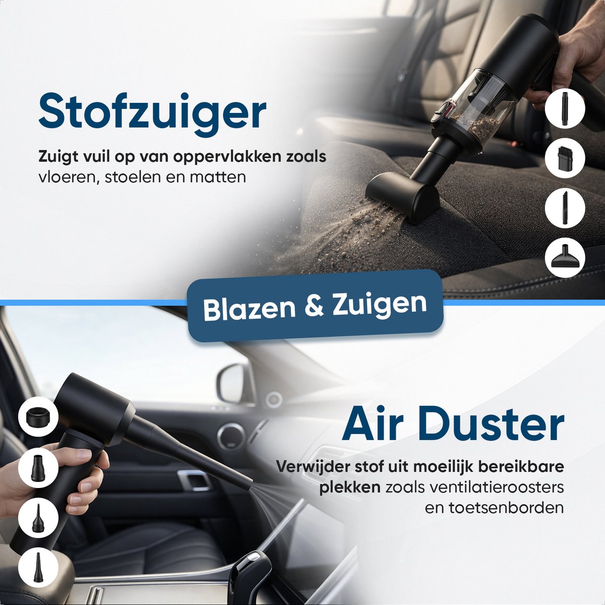 CarMe 2-in-1 Auto Stofzuiger Pro - Zuigen & Blazen - Kruimeldief - 8 Opzetstukken - Oplaadbaar - Handstofzuiger - Air Duster - Zwart — afbeelding 3