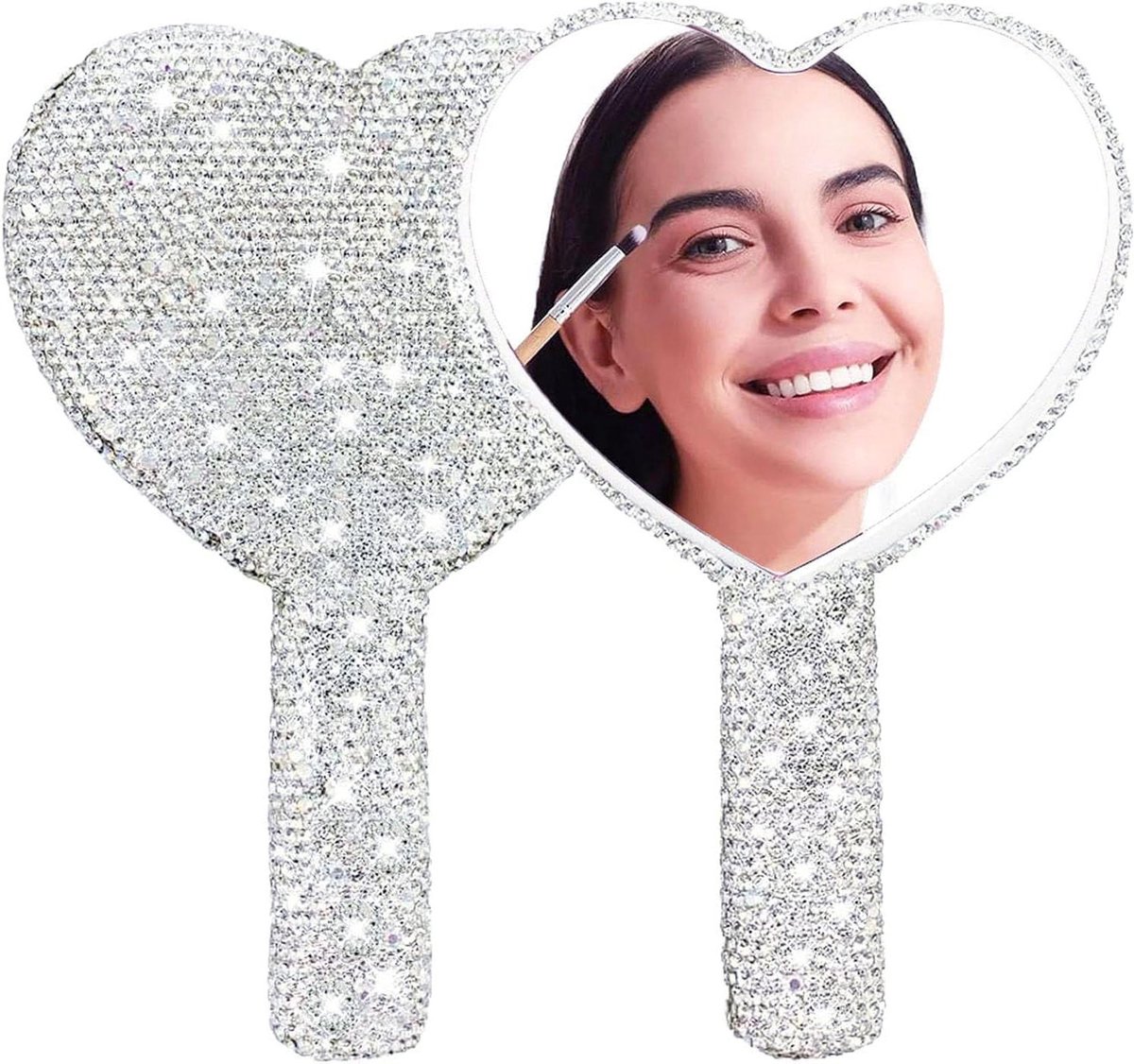 Hartvormige Make-up Spiegel - Cosmetische Spiegel Handspiegel - Make-up Aanbrengen - Met Handvat Strass - 16.5 x 12 cm - Zilver