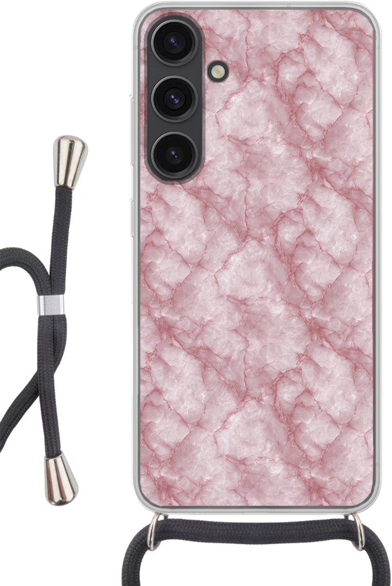 Telefoonhoesje Geschikt voor Samsung Galaxy S24 Plus - Roze - Kwartsmarmer - Aders - Siliconen - Crossbody - Backcover met Koord - Telefoonhoesje met koord - Hoesje met touw Telefoonhoesje
