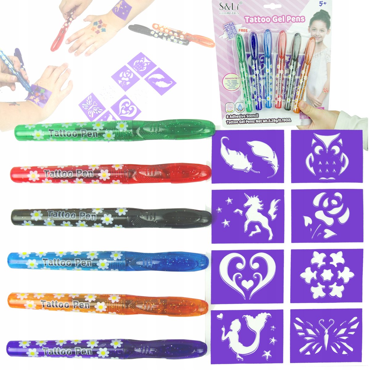 LandToys - Creatief Tattoo Set - 6 Kleuren Gels - 8 Sjablonen - Veilig Voor Huid