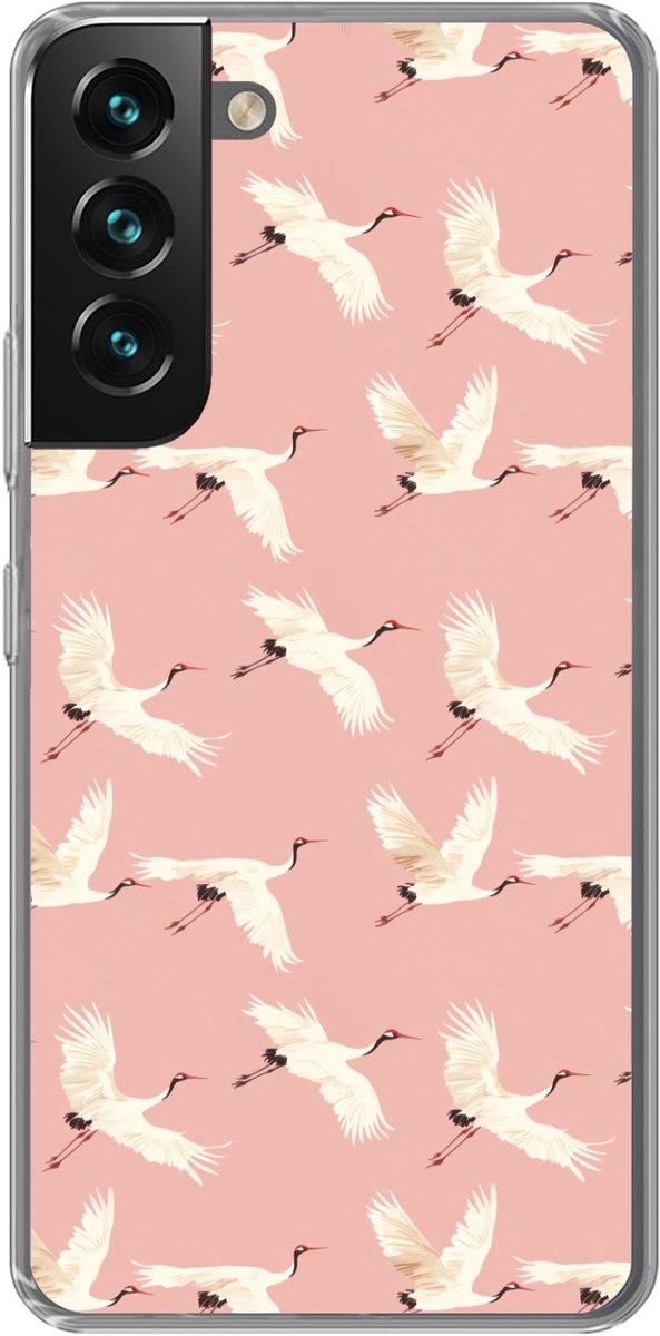 Telefoonhoesje Geschikt voor Samsung Galaxy S22 hoesje - Modern - Kraanvogels - Roze - Siliconen Telefoonhoesje Telefoonhoesje