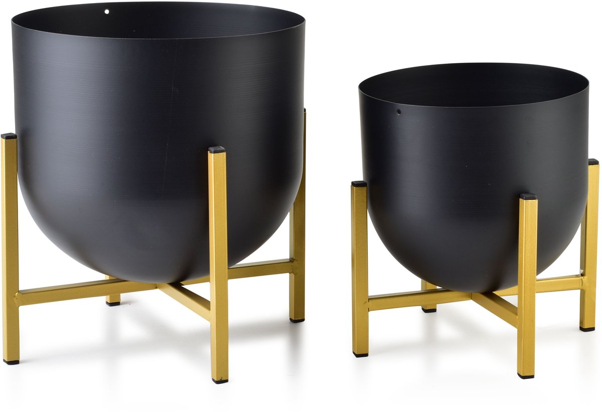 Bloempot op staander , zwart en goud metaal. Set van 2 stuks