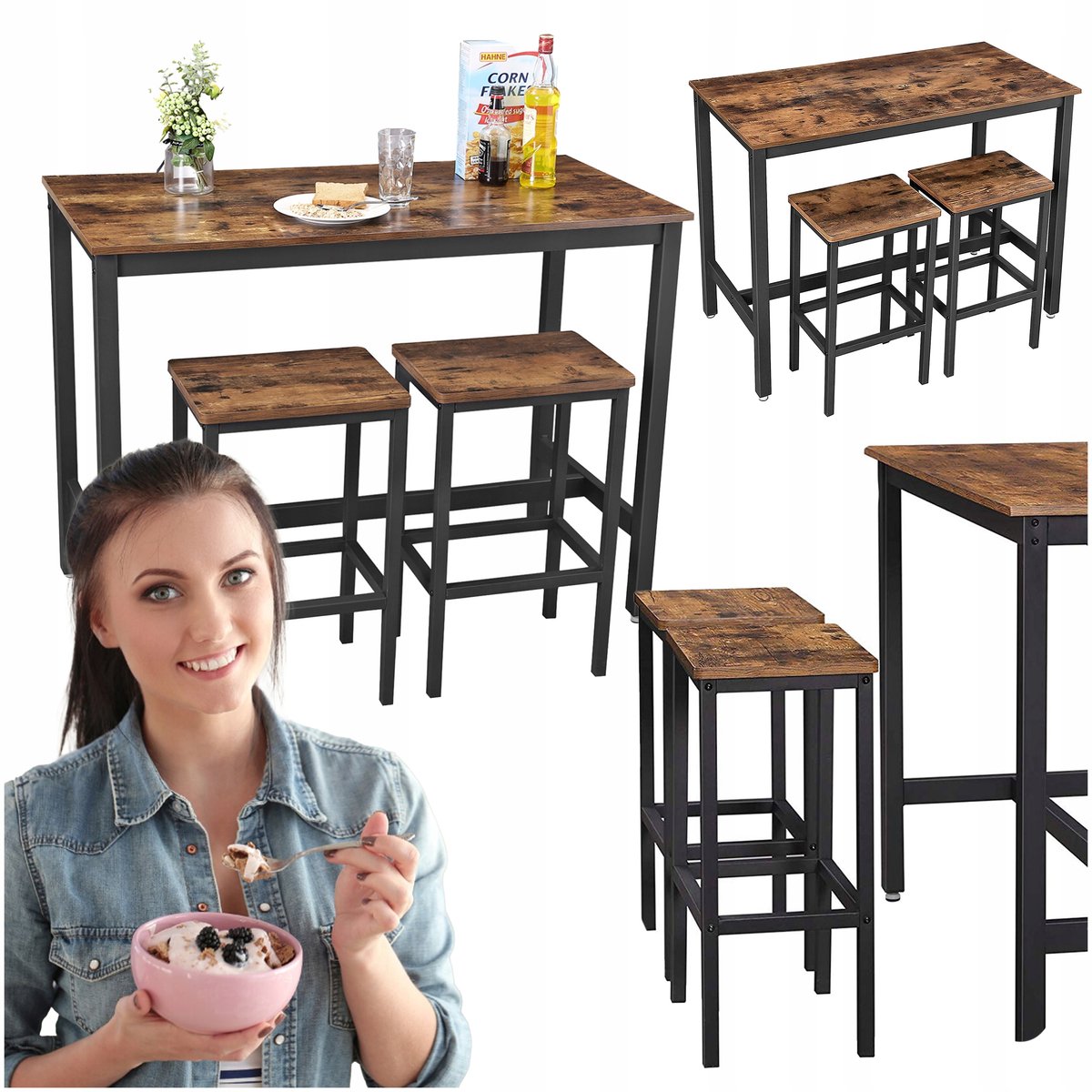 Songmics VASAGLE - Keukentafel en Barkrukken Set - Rustiek Bruin - Zwart Staal - Ruimtebesparing Rustiek Bruin;Zwart