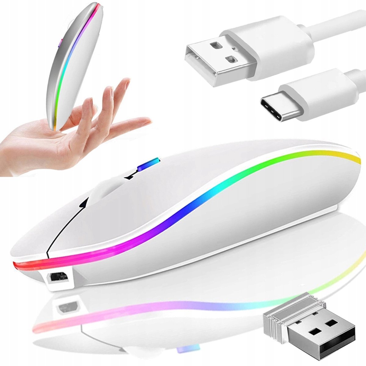 Slanke draadloze gamingmuis voor pc's en laptops - Oplaadbare 2,4 GHz Bluetooth optische muis - Wit