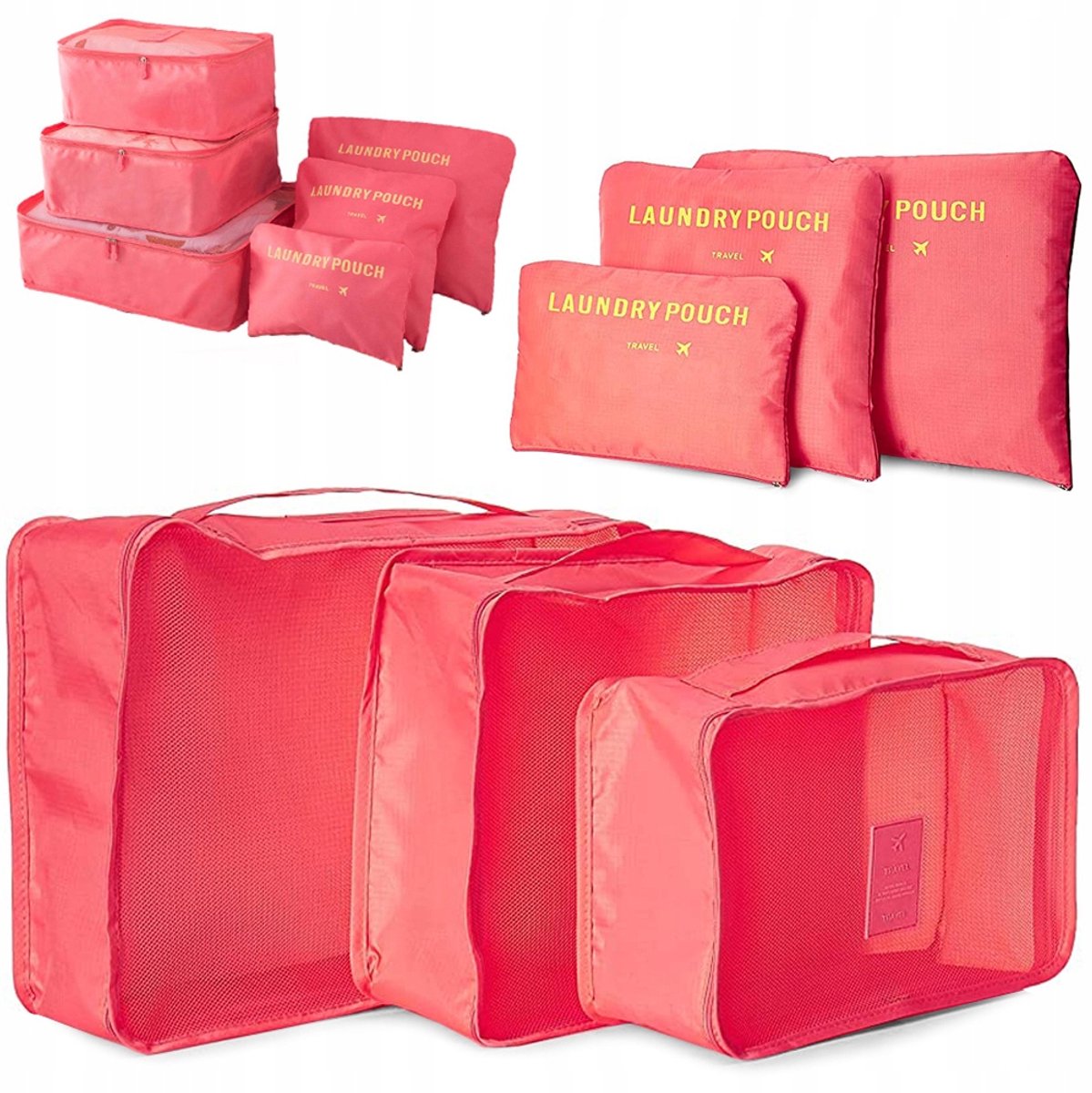 Set van 6 Reisorganizers voor Koffers – Wasnetten met Ritssluiting – Stof & Mesh – Rood