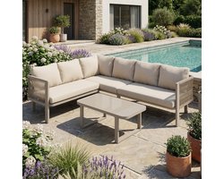 FloraGrace Hoekbank Voor 6 Personen - Met Glazen Tafel En Teslin Armleuningen - Voor Tuin Of Balkon - Staal - Khaki