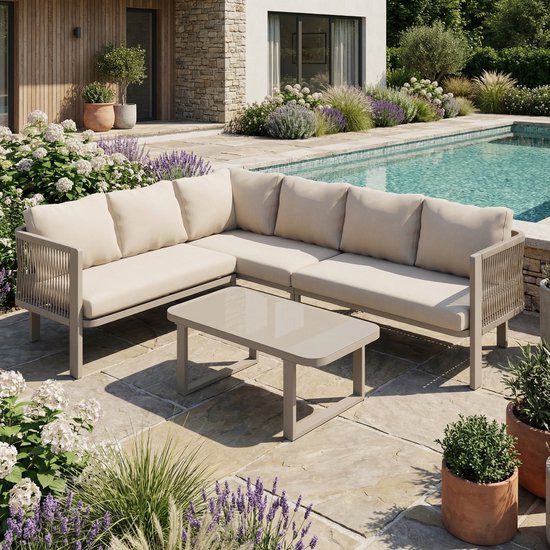 FloraGrace Hoekbank Voor 6 Personen - Met Glazen Tafel En Teslin Armleuningen - Voor Tuin Of Balkon - Staal - Khaki