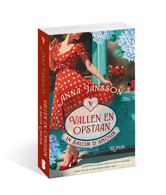 Couverture de livre: Une femme en robe rouge à pois, avec le texte 'Vallen en Opstaan in Salon d'Amour' et Anna Jansson.
