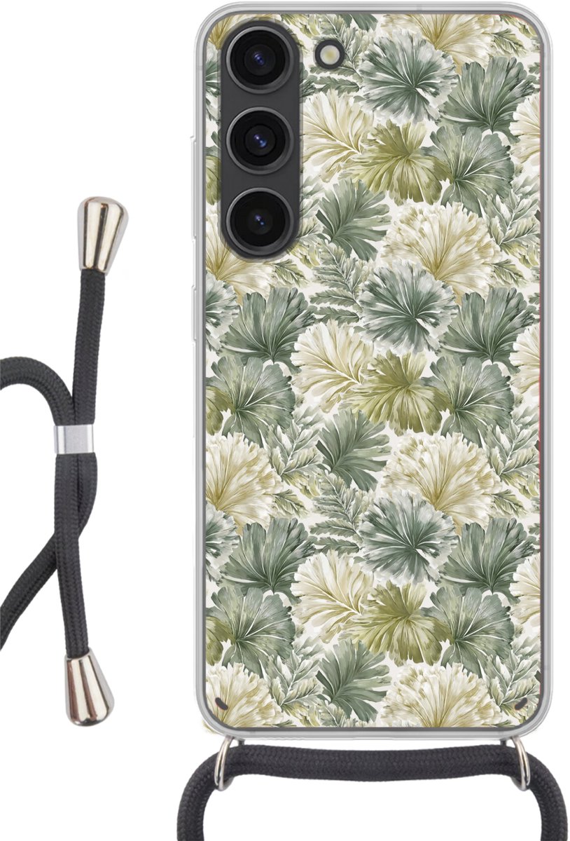 Telefoonhoesje Geschikt voor Samsung Galaxy S23 - Bladeren - Botanisch - Groen - Siliconen - Crossbody - Backcover met Koord - Telefoonhoesje met koord - Hoesje met touw Telefoonhoesje