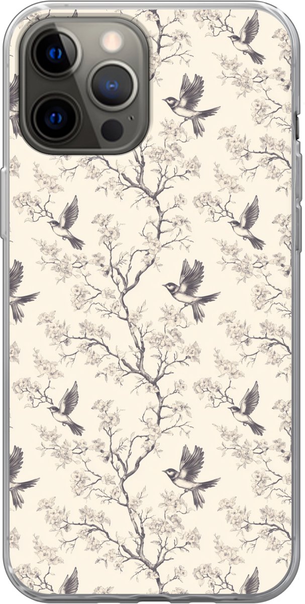 Telefoonhoesje Geschikt voor iPhone 12 Pro Max hoesje - Takken - Vogels - Beige - Siliconen Telefoonhoesje Telefoonhoesje