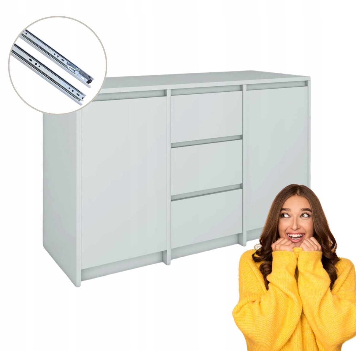 Fernika Serie - Komoda 3 Laden en 2 Deuren - Lichtgrijs - Greeploos Front - 120x75,2x43 cm
