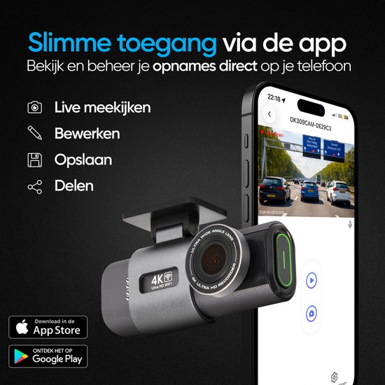 Grijze 4K dashcam en smartphone met app tonen live beelden, bewerken, opslaan en delen functies.