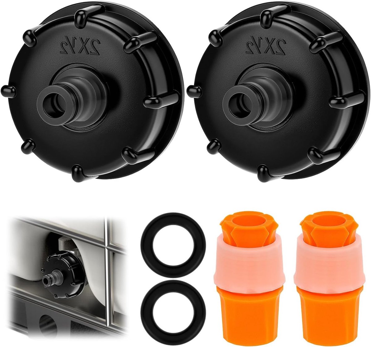 Pack van 2 IBC Tank Adapters met S60x6 1/2" Draadverbinding, Voor Waterafvoer en Accessoires
