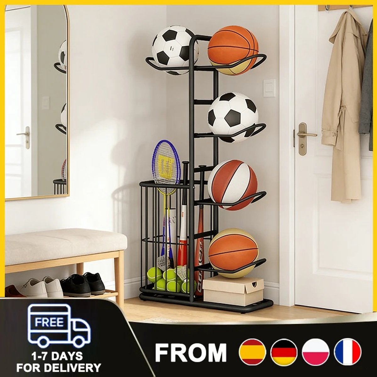 Dailygoods 5-laags basketbal opbergrek sportartikelen opbergrek met verwijderbare staande houder voor thuisgym sportbal