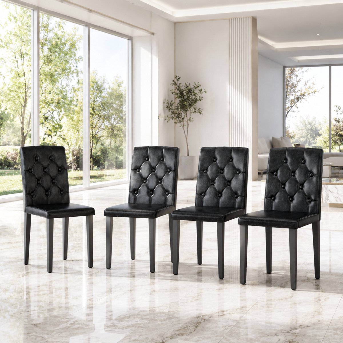 Welltin Eetkamerstoelen Set Van 4 - Eetkamerstoel - Eetkamerstoelen - Ergonomisch - Gewatteerde zitting - PU - Metalen stoelpoten - Modern Design - Zwart