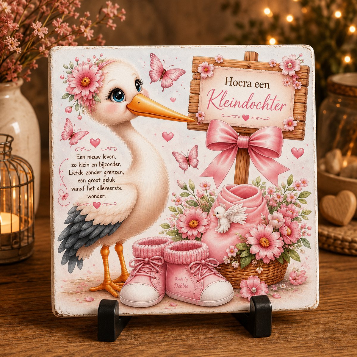 Geboortetegeltje Kleindochter – Ooievaar met Babyschoentjes | Lief Kraamcadeau voor Oma & Opa | Keramische Tegel 15x15 cm