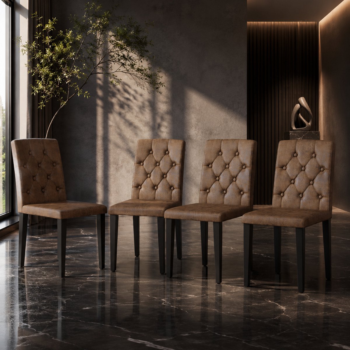 Welltin Eetkamerstoelen Set Van 4 - Eetkamerstoel - Eetkamerstoelen - Ergonomisch - Gewatteerde zitting - Stof - Metalen stoelpoten - Modern Design - Bruin, zwart