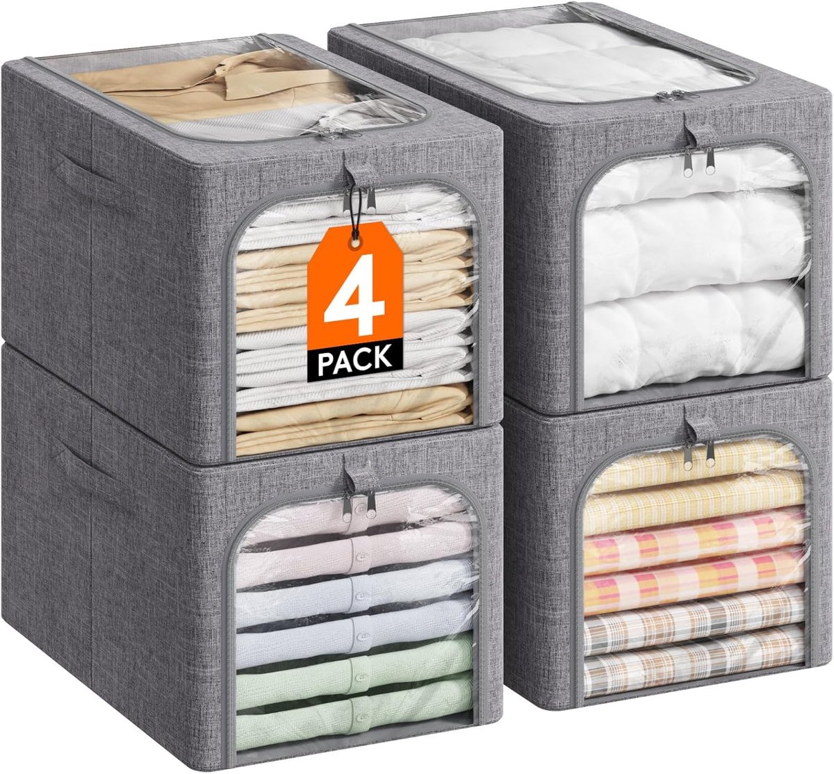 Famanu – Set van 4 stoffen opbergdozen met transparant venster en handvat 34x23x23