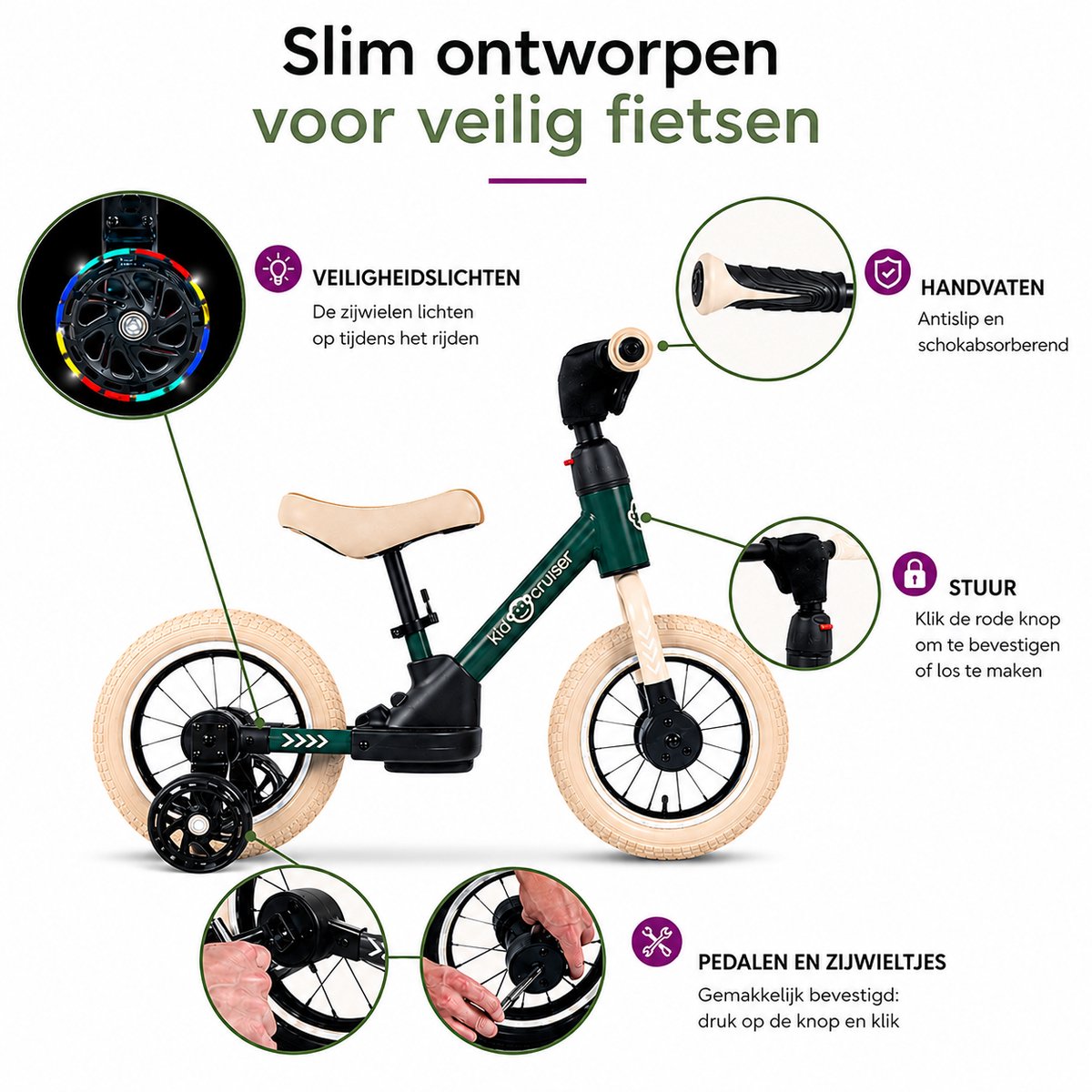Kidcruiser Loopfiets 2+ jaar - Optioneel met LED Zijwieltjes & Trappers - 3-in-1 Kinderfiets - 12 inch – Donker Groen & Creme wit – Modulair Design - Driewieler loopfiets — afbeelding 9