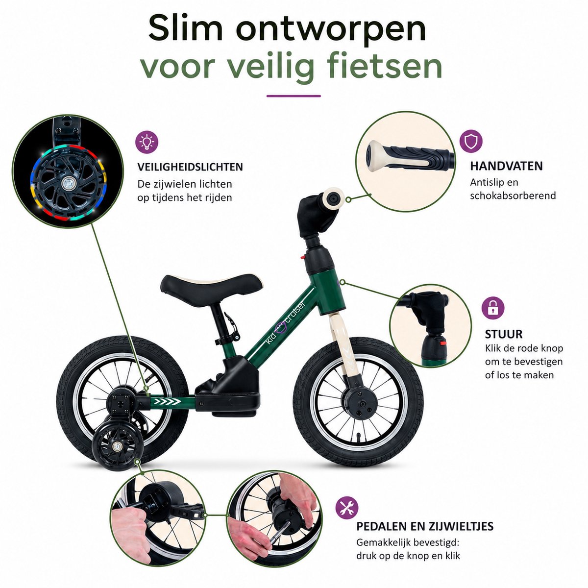 Kidcruiser Loopfiets 2+ jaar - Optioneel met LED Zijwieltjes & Trappers - 3-in-1 Kinderfiets - 12 inch – Donker Groen – Modulair Design — afbeelding 11