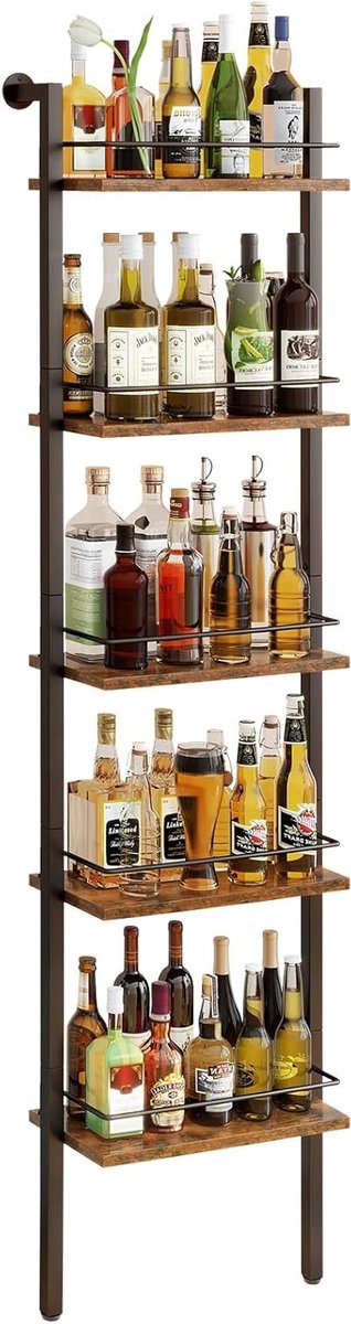 Vrijstaande Wijnrekken met 5 Niveaus, Drankfles Display Plank en Wandplank voor Keuken en Eetkamer, Vintage Bruin, 43 x 20 x 177 cm, Perfect voor Wijnflessen en Drankopslag