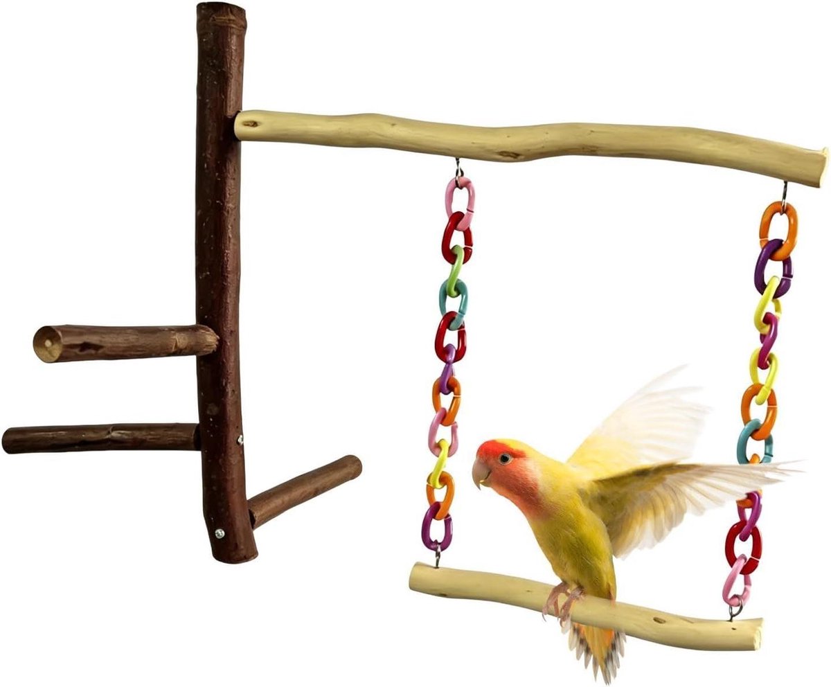 Vogelschommel Houten Zitstok - Vogel Speelgoed - Vogelkooi Verrijken - Combo Schommel Ladder - 30 cm Houder - Multicolor