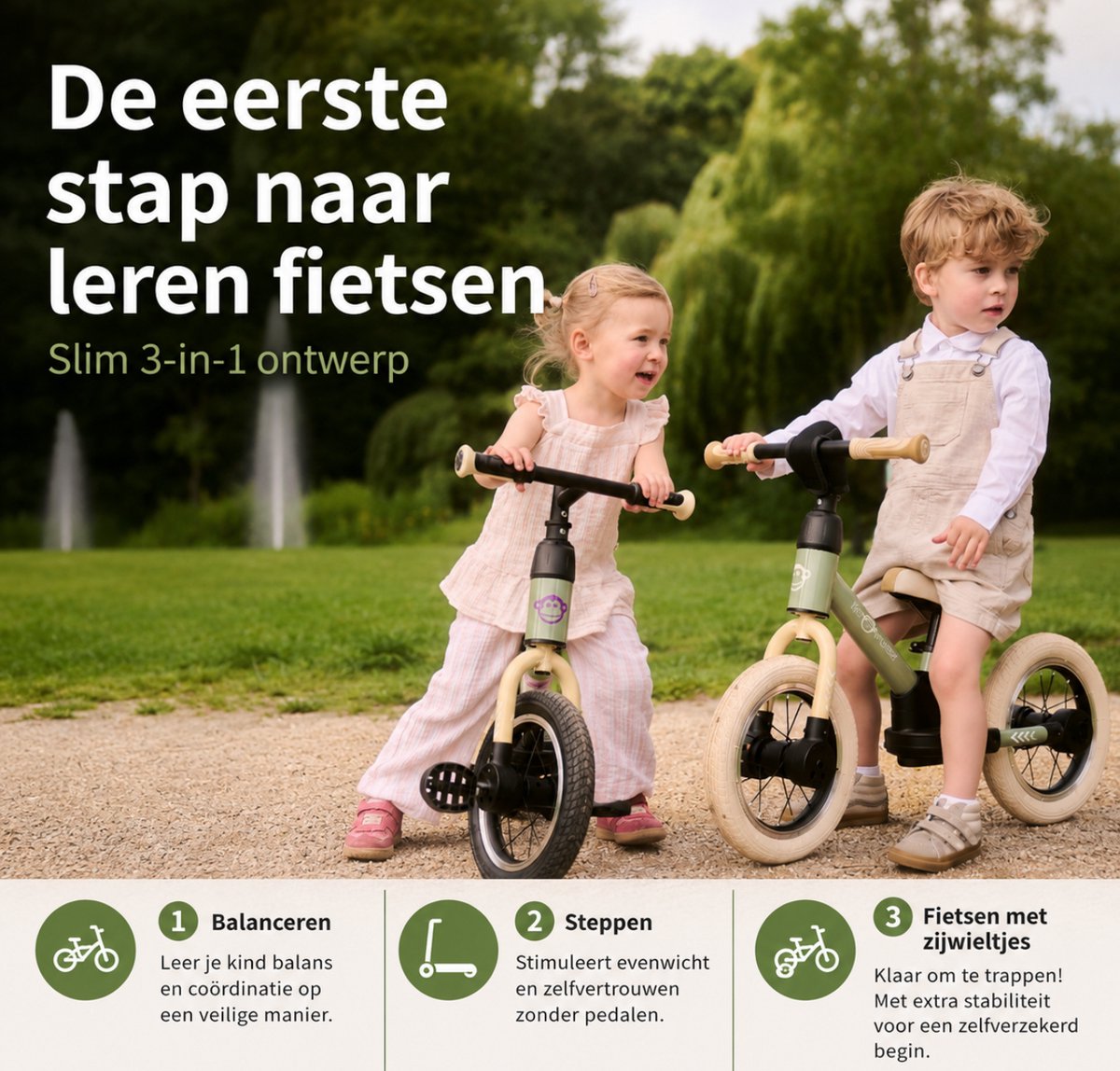 Kidcruiser Loopfiets 2+ jaar - Optioneel met LED Zijwieltjes & Trappers - 3-in-1 Kinderfiets - 12 inch – Donker Groen – Modulair Design — afbeelding 2