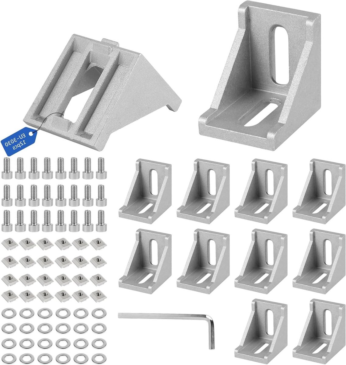 12-delige aluminium hoekmontagematerialen, 30 x 30 mm profielhoeken, 90 graden hoekverbindingen voor stabiele aluminium profielen en stangen