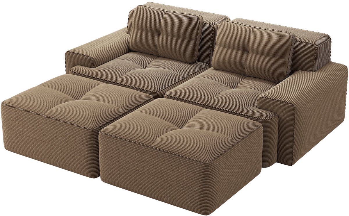 Merax U-Vormige Cloudbank 2-Zits - Bruine Ribstof Loungebank 204 cm - Modulaire Bank met Hockers - Diepe Zitting - Antislip Onderzijde - Geen Montage Nodig