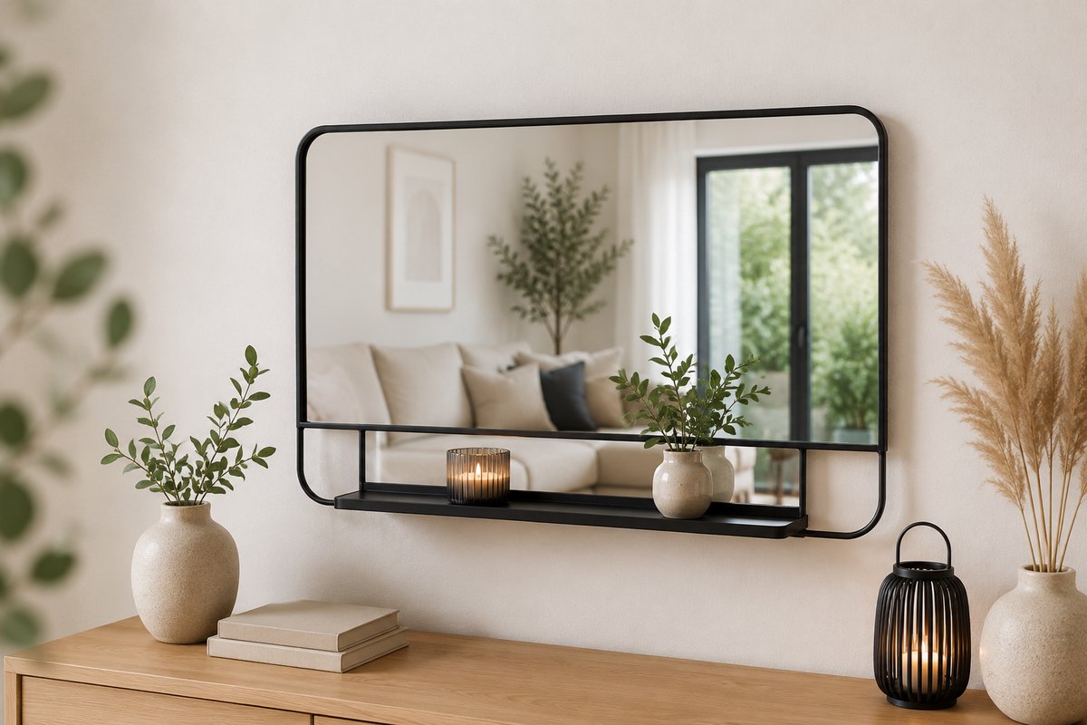 Lifa Living - Rechthoekige Spiegel - met Rek - Zwart - Metaal - Industrieel - Wandrek met Spiegel - 40 x 80 x 9 cm