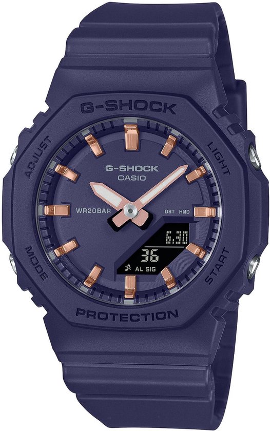 Blauw G-Shock horloge met analoge wijzers, digitale tijdweergave en een kunststof band.
