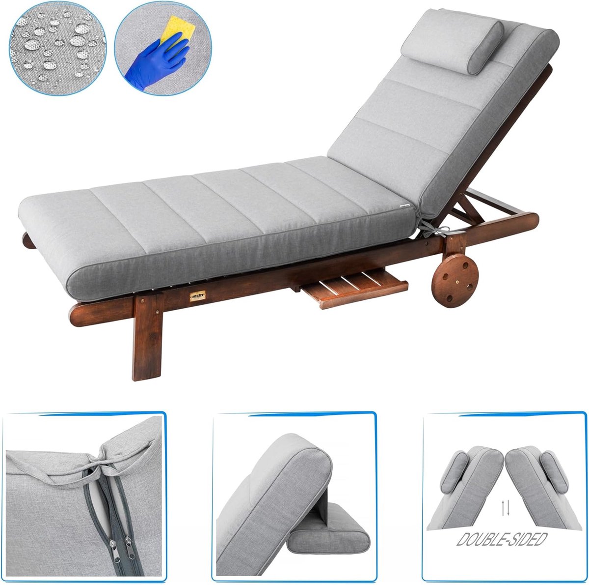 Ligstoelkussen Outdoor 204 x 60 cm – Luxe Malaga Comfort Tuinmatras voor Ligstoel, Tuin, Balkon & Zwembad – Waterafstotend, Wasbaar, Oeko-Tex Gecertificeerd – Asgrijs – Mobili Bella