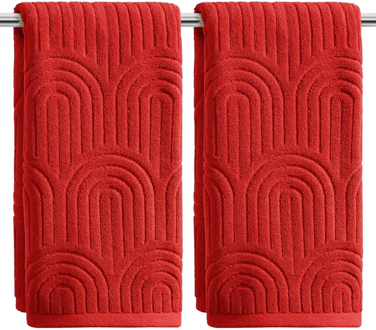 MTTproducts - Set van 2 Zachte Badhanddoeken met 3D Rood Gebogen Strepen